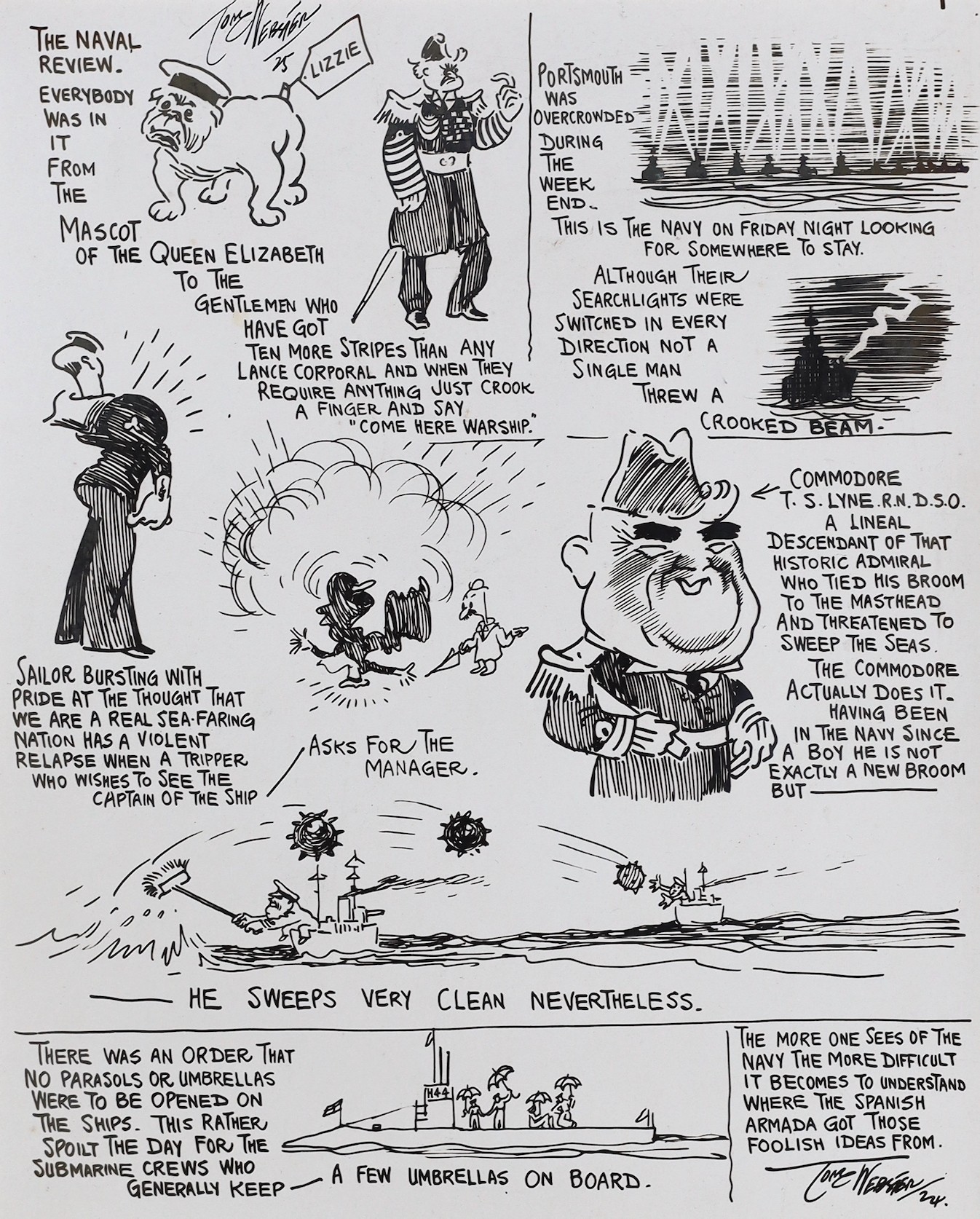 Tony Webster (Daily Mail cartoonist), 'The Naval Review', Royal Naval Review July 1924, ink on card, 30 x 24cm, unframed